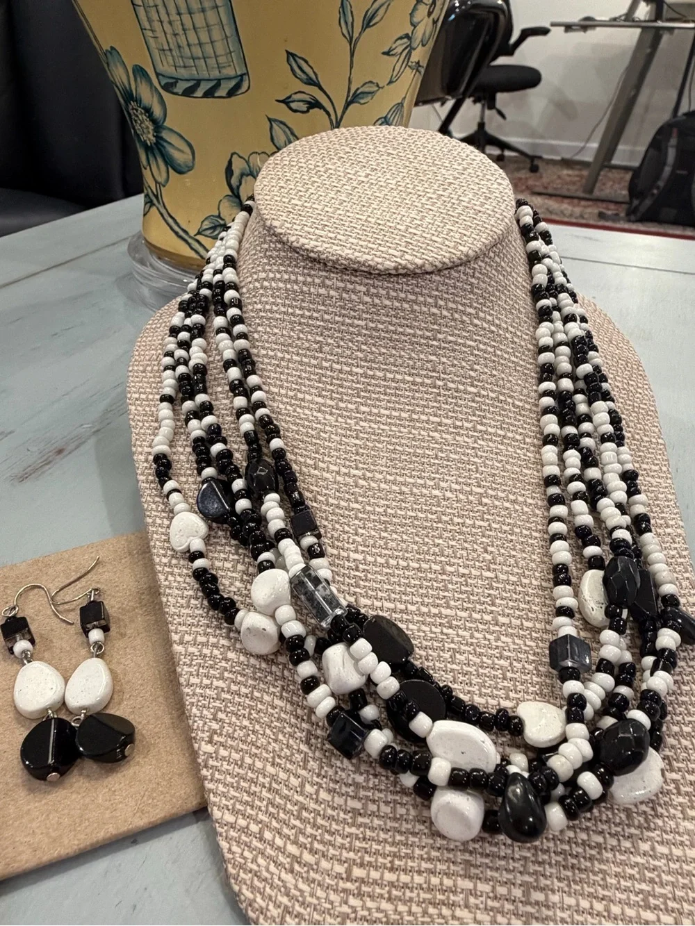 Multi-Strand Black and White Beaded Necklace and Earring Set